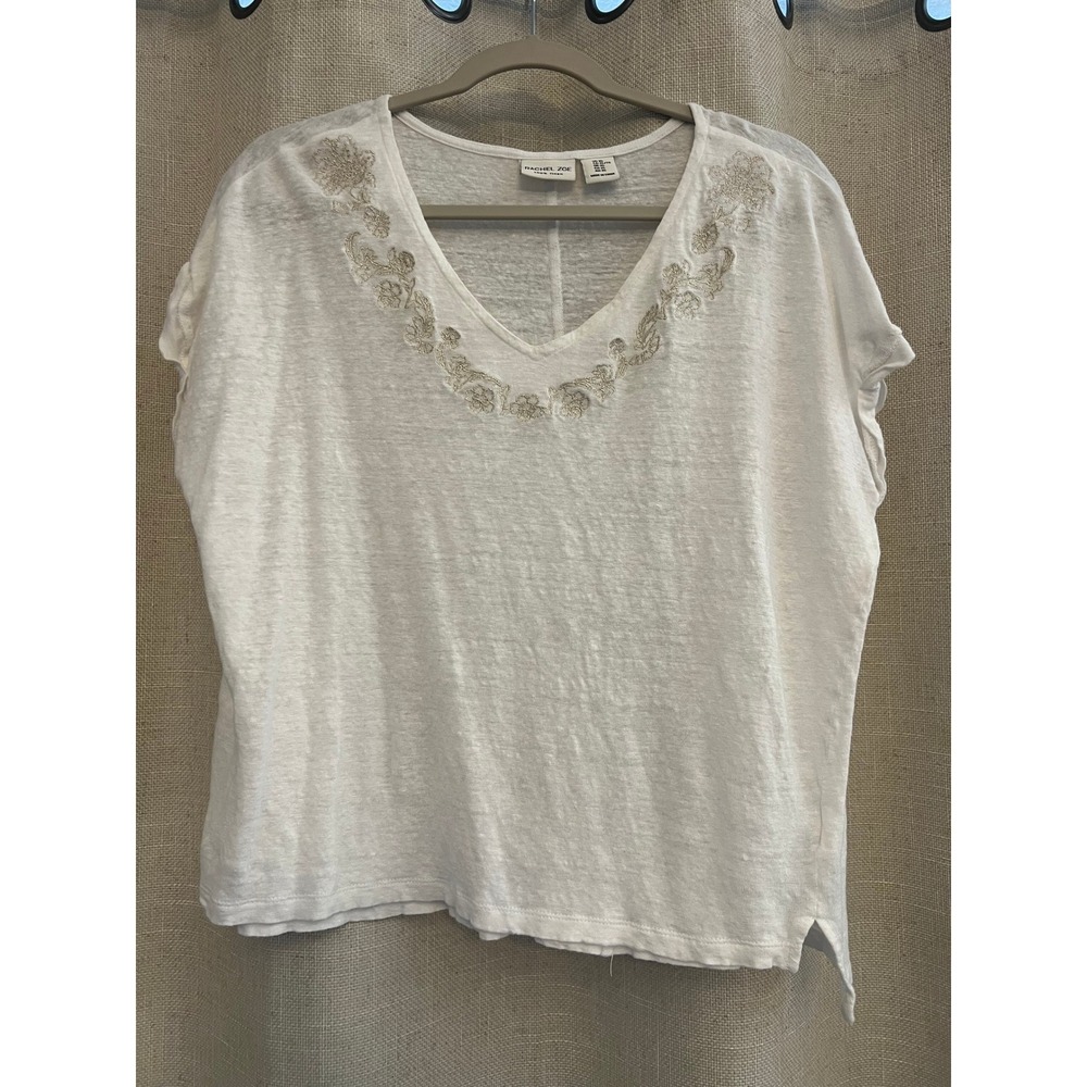 Rachel Zoe Top White 100% Linen Floral Embroidered V-Neck Boho Lagenlook Resort